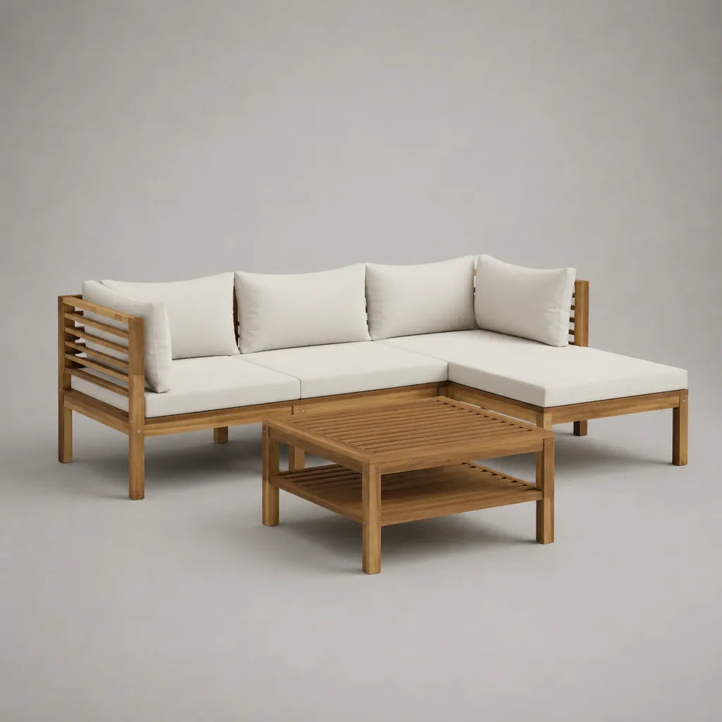 Groupe de sièges de jardin d'angle 3 parties en bois massif d'acacia, brun naturel/blanc cassé, 225 × 150 × 76 cm, table 80 × 80 × 40 cm