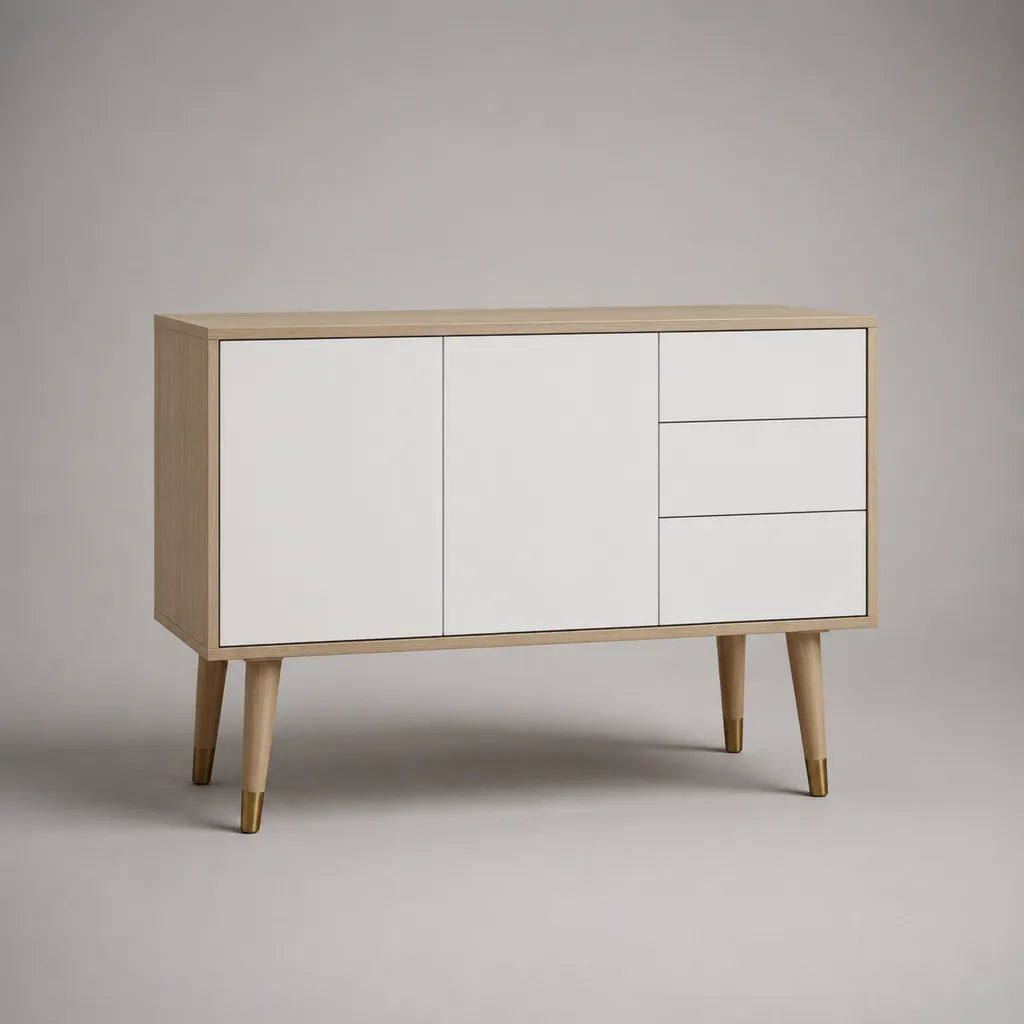 Sideboard en MDF et bois massif d'arbre en caoutchouc avec 2 portes et 3 tiroirs, blanc/cuir/finition laiton, 120 × 40 × 80 cm