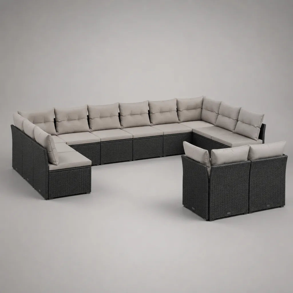 Lot de 12 pièces – Canapé-salon de jardin en forme de U en résine tressée PE et métal avec coussin, anthracite/gris, 395 × 320 × 72 cm