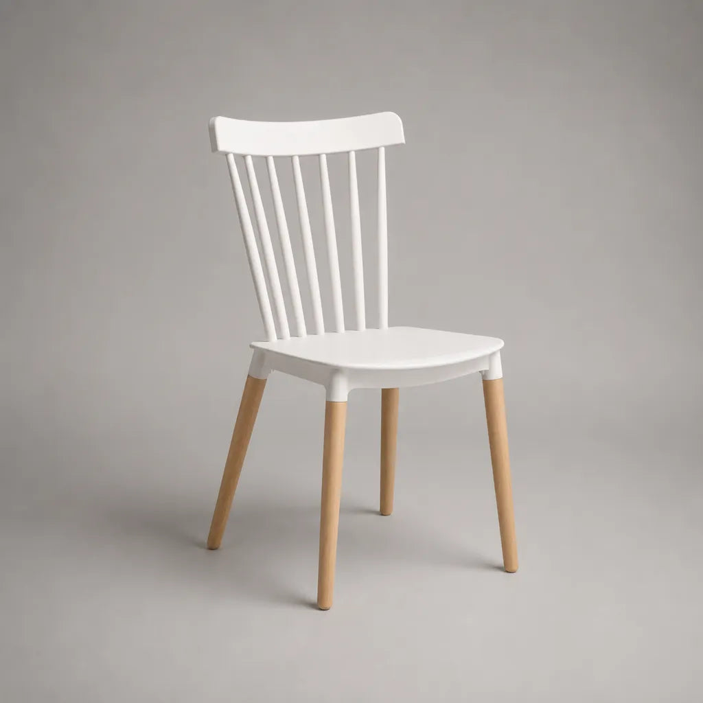 Chaise à manger en plastique et bois avec dossier de pont, blanc/nature, 47 × 52 × 86 cm