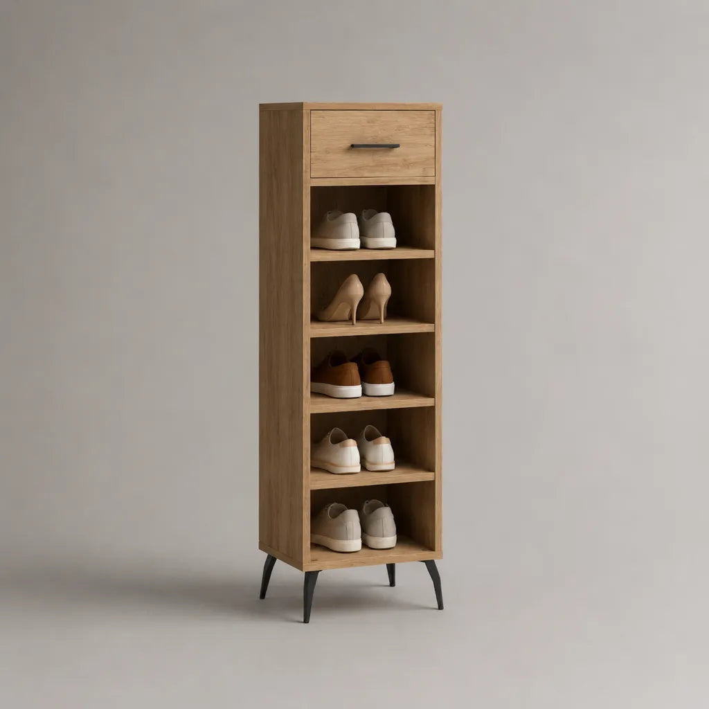 Armoire à chaussures en panneaux de particules et acier avec tiroir et 5 compartiments ouverts, chêne/noir, 45 × 35 × 145 cm