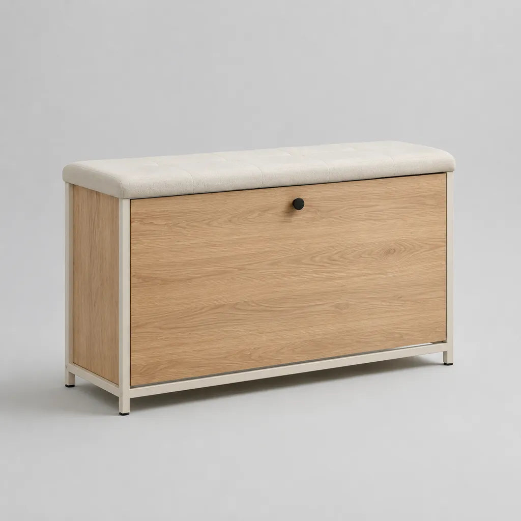 Armoire à chaussures avec siège et compartiment pliant en plaque de particules et acier, chêne, beige clair et blanc, 100 × 35 × 55 cm