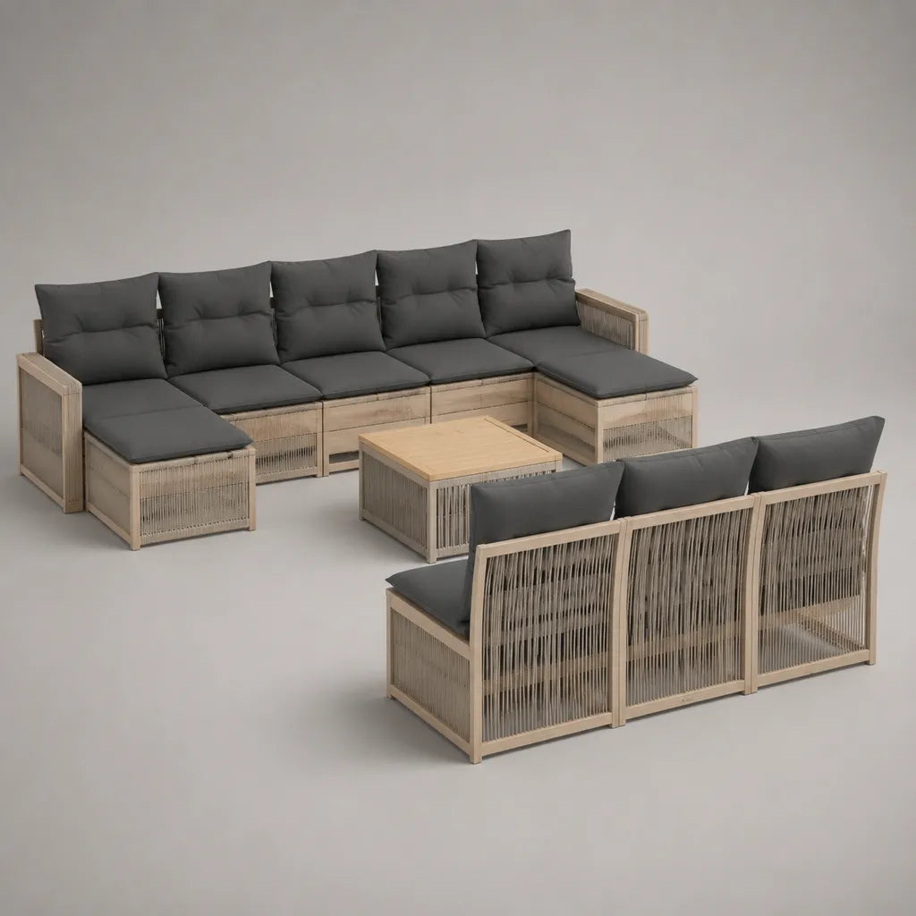 Set de salon de jardin de 11 pièces pour 10 personnes en bois massif d'acacia avec coussin en tissu gris foncé, forme U, 355 × 245 × 75 cm