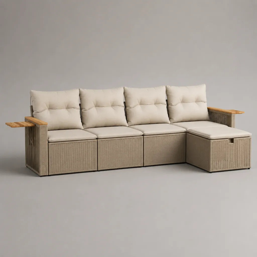 Barbecue de jardin, 4 places en rotin en PE, acier et bois massif d'acacia avec coussin en polyester, forme L, beige/brun naturel, 272 × 146 × 86 cm
