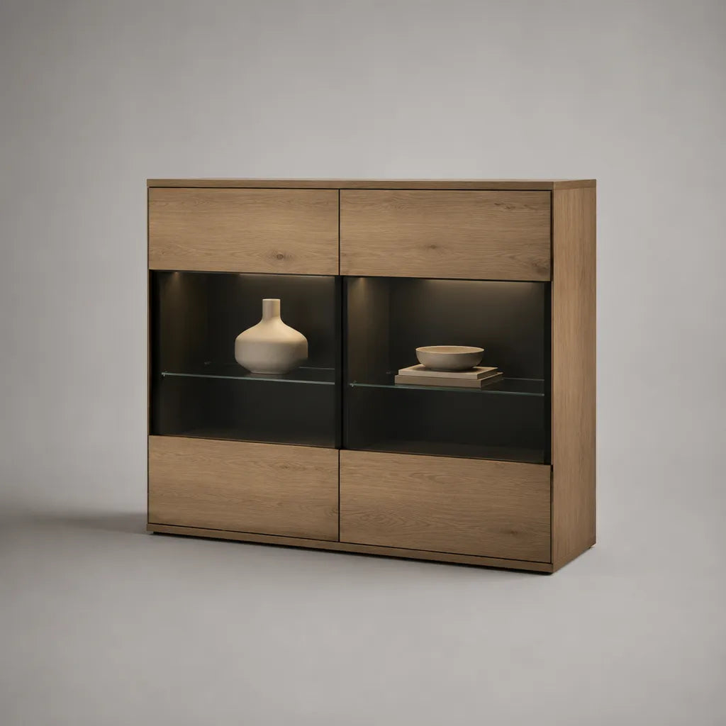 Armoire à buffet avec portes en verre et éclairage LED, MDF avec placage de chêne, chêne naturel et noir, 120 × 40 × 120 cm