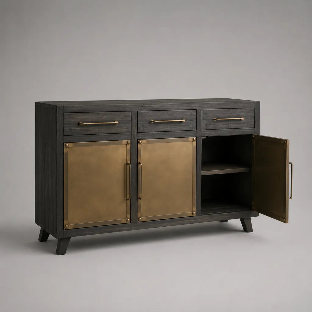 Sideboard en bois massif de mangue et acier avec 3 tiroirs et 3 portes, noir et laiton, 140 × 45 × 90 cm
