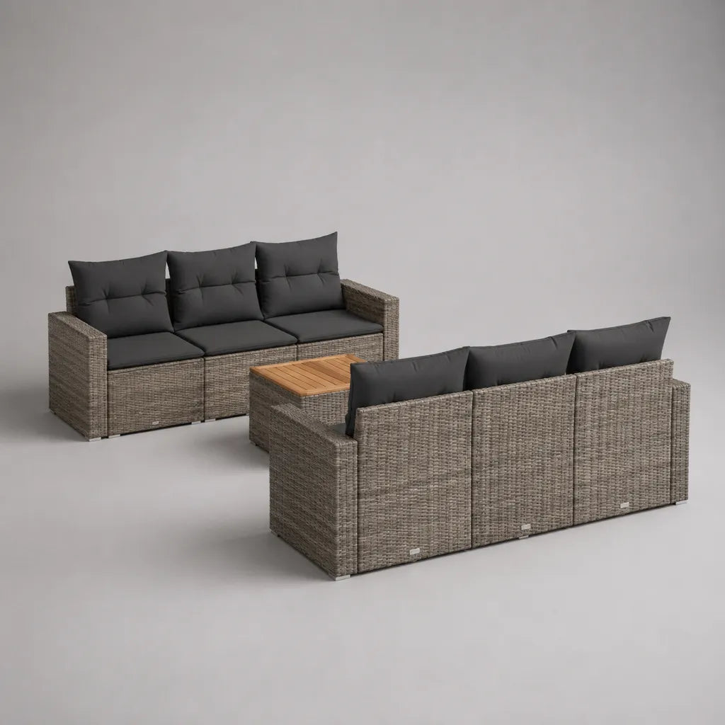 Ensemble de sièges de jardin de 7 parties en rotin en PE et bois avec 2 canapés et table à trois places, gris, anthracite et brun naturel, canapé pour 204 × 70 × 74 cm, table 70 × 70 × 35 cm
