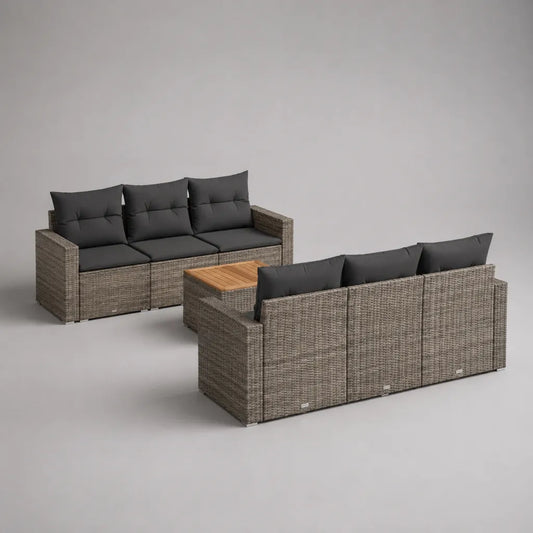 Ensemble de sièges de jardin de 7 parties en rotin en PE et bois avec 2 canapés et table à trois places, gris, anthracite et brun naturel, canapé pour 204 × 70 × 74 cm, table 70 × 70 × 35 cm