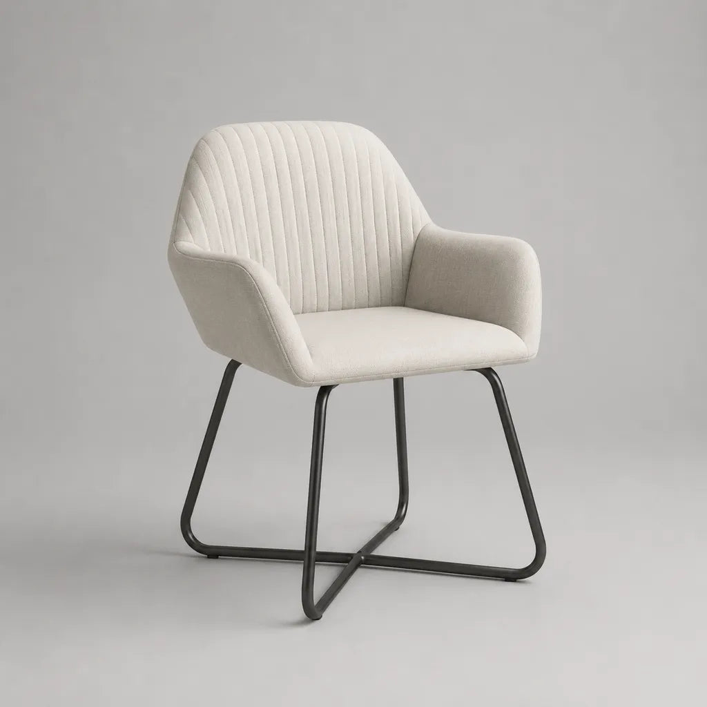 Chaise à manger avec accoudoirs, housse en tissu et structure en acier, blanc cassé/noir, 60 × 60 × 82 cm