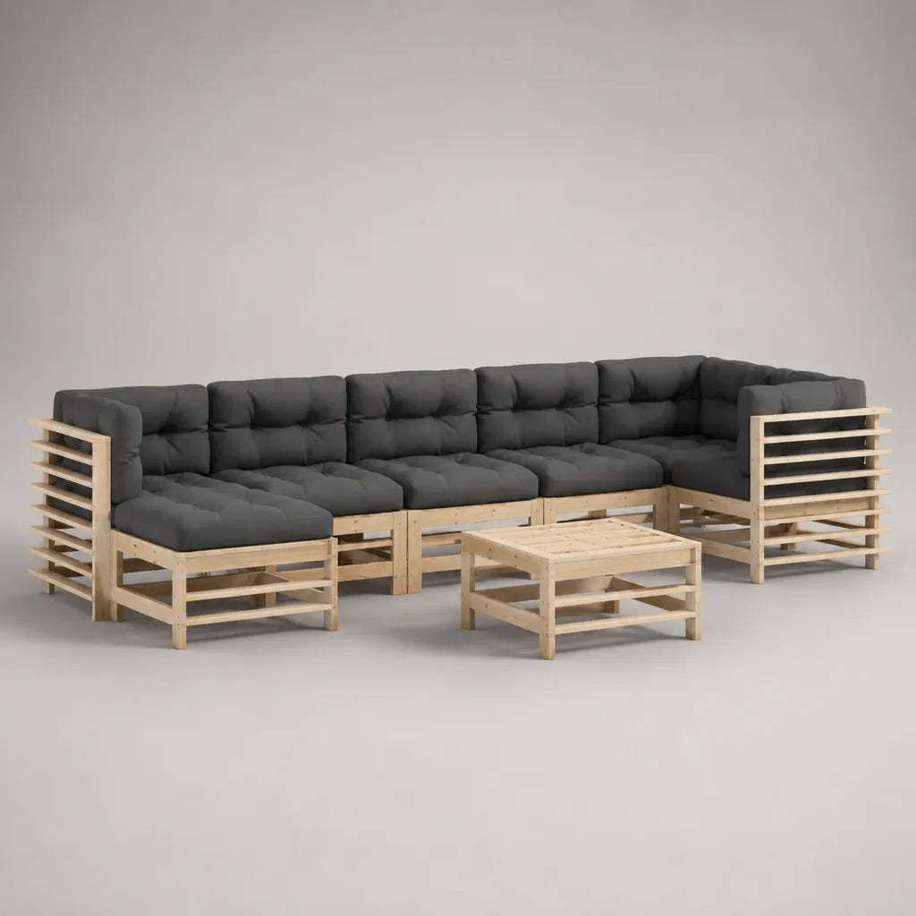 Canapé-jardin de 8 pièces en bois avec coussin gris foncé, forme L, 350 × 210 × 67 cm