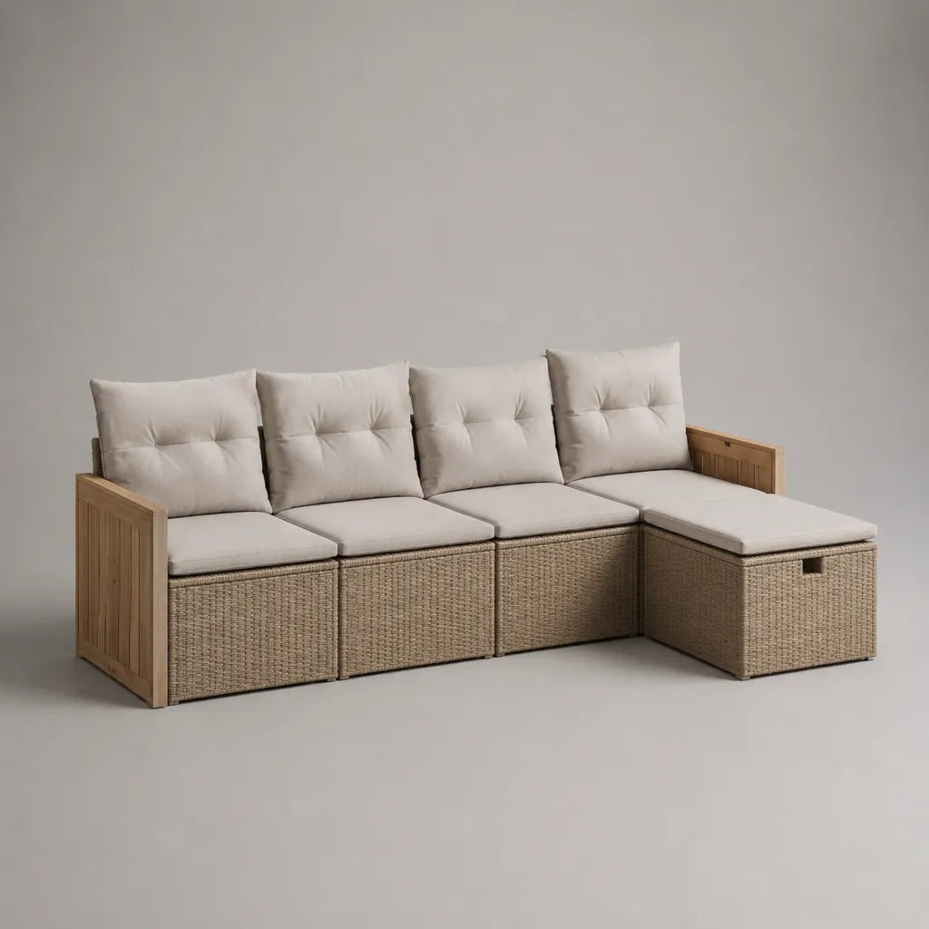 Canapé-jardin en forme de L, set de 4 places en bois massif en résine tressée PE, beige/brun, 280 × 160 × 86 cm