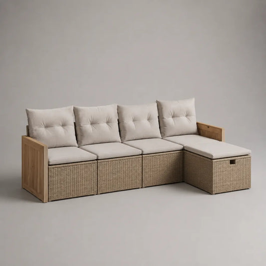 Canapé-jardin en forme de L, set de 4 places en bois massif en résine tressée PE, beige/brun, 280 × 160 × 86 cm