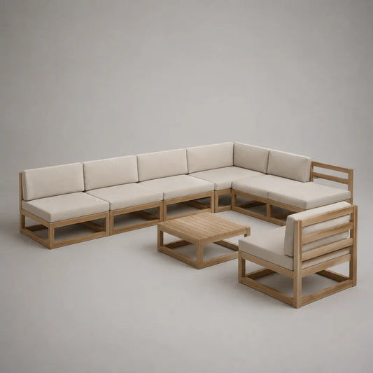 Set salon de jardin de 7 pièces en bois massif d'acacia avec rembourrage en polyester, forme L, nature et beige, 280 × 210 × 70 cm