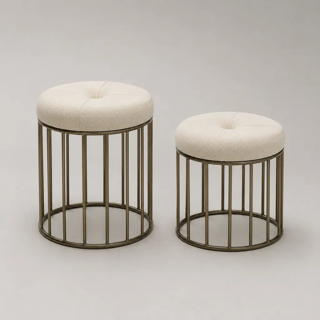 Lot de 2 pièces – Tabouret rond en tissu et métal, blanc cassé/bronze, Ø 44 × H 52 cm et Ø 38 × H 42 cm