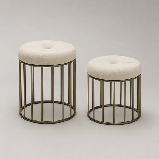 Lot de 2 pièces – Tabouret rond en tissu et métal, blanc cassé/bronze, Ø 44 × H 52 cm et Ø 38 × H 42 cm