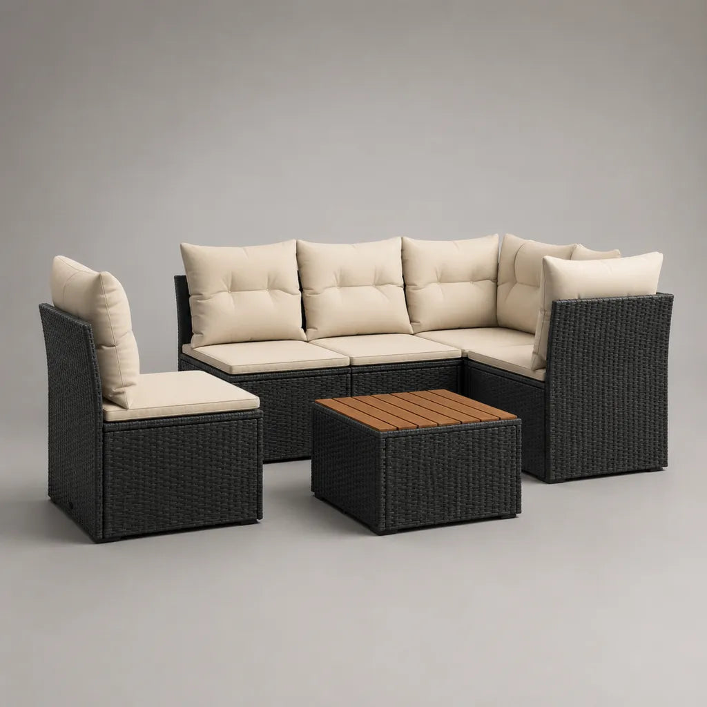Canapé-jardin Lounge Kit de 6 pièces avec table carrée en résine tressée PE, acier et bois, noir/Beige/Brun, environ 250 × 180 × 72 cm