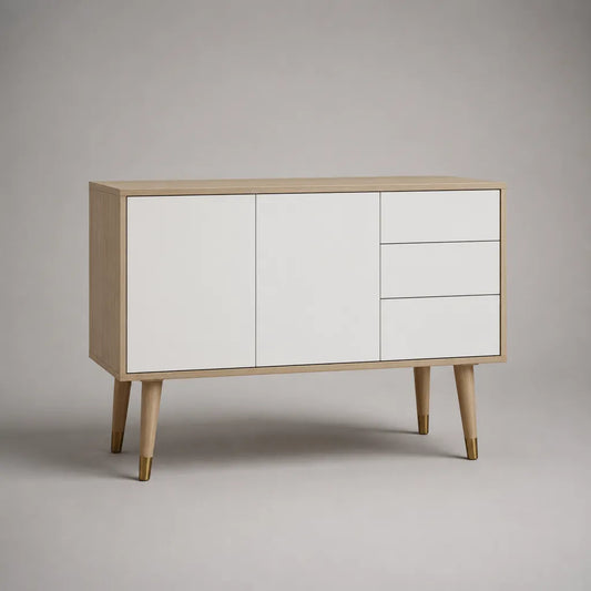 Sideboard en MDF et bois massif d'arbre en caoutchouc avec 2 portes et 3 tiroirs, blanc/cuir/finition laiton, 120 × 40 × 80 cm