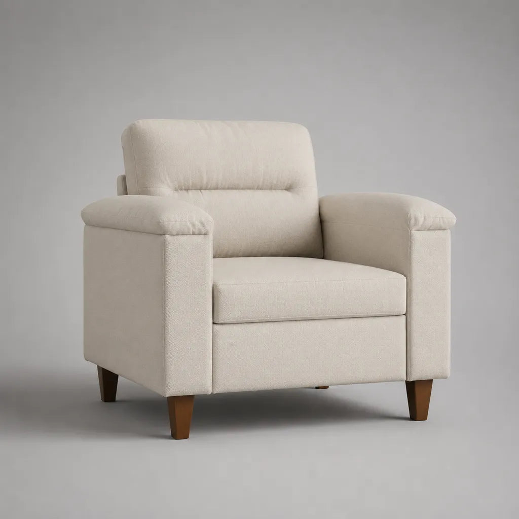 Fauteuil rembourré avec accoudoirs, housse en tissu et pieds en bois, blanc cassé/brun, 92 × 88 × 90 cm