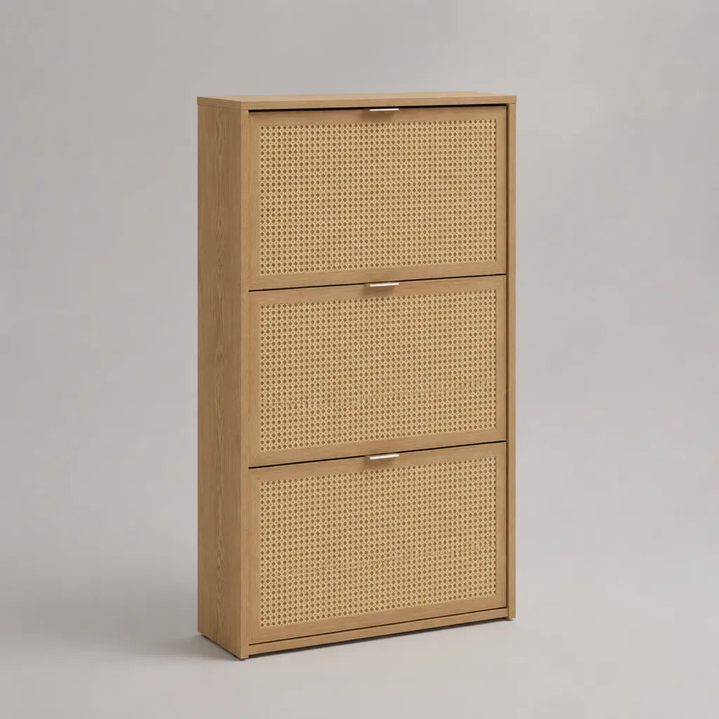 Armoire à chaussures en panneaux de particules et tapisserie avec 3 compartiments à bascule, bois naturel et argent, 63 × 24 × 120 cm