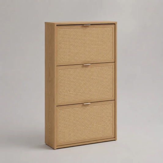 Armoire à chaussures en panneaux de particules et tapisserie avec 3 compartiments à bascule, bois naturel et argent, 63 × 24 × 120 cm