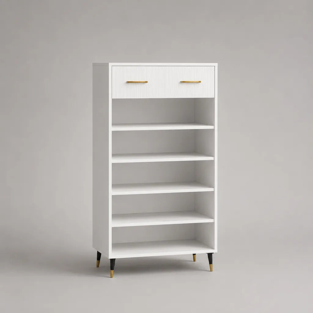 Armoire à chaussures en panneaux de particules, MDF et acier avec 1 tiroir et 5 compartiments ouverts, blanc, noir et doré, 80 × 35 × 140 cm