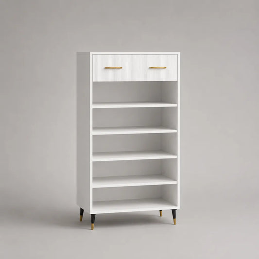 Armoire à chaussures en panneaux de particules, MDF et acier avec 1 tiroir et 5 compartiments ouverts, blanc, noir et doré, 80 × 35 × 140 cm