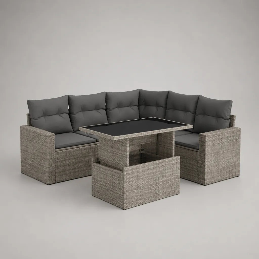 Lot de 3 pièces – Ensemble de salons de jardin en plein air en PE résine tressée PE et acier, gris et anthracite, canapé d'angle 191 × 191 × 74 cm, table 120 × 70 × 65 cm, banquette 100 × 40 × 45 cm