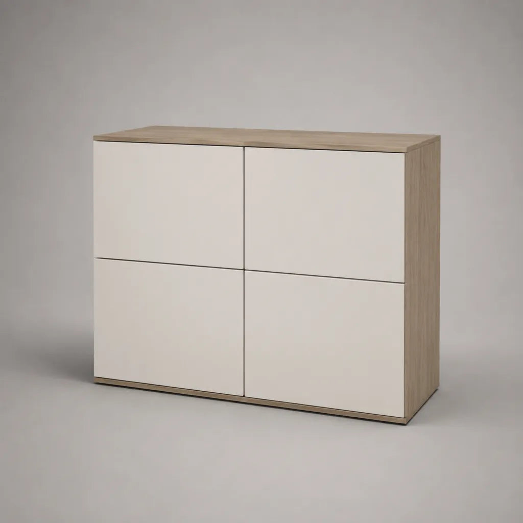 Sideboard avec 4 portes en panneau de particules recouvert de mélamine, couleurs de chêne et blanc, 120 × 40 × 90 cm