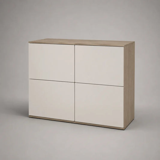 Sideboard avec 4 portes en panneau de particules recouvert de mélamine, couleurs de chêne et blanc, 120 × 40 × 90 cm
