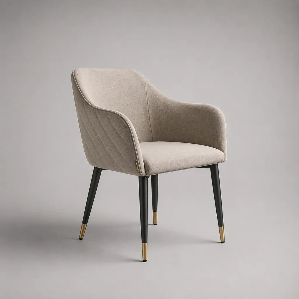 Chaise à manger avec accoudoirs, tissu polyester et pieds en acier, beige/noir/or, 58 × 60 × 82 cm