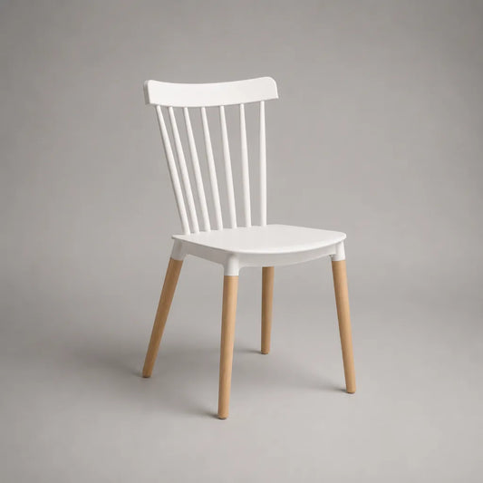 Chaise à manger en plastique et bois avec dossier de pont, blanc/nature, 47 × 52 × 86 cm