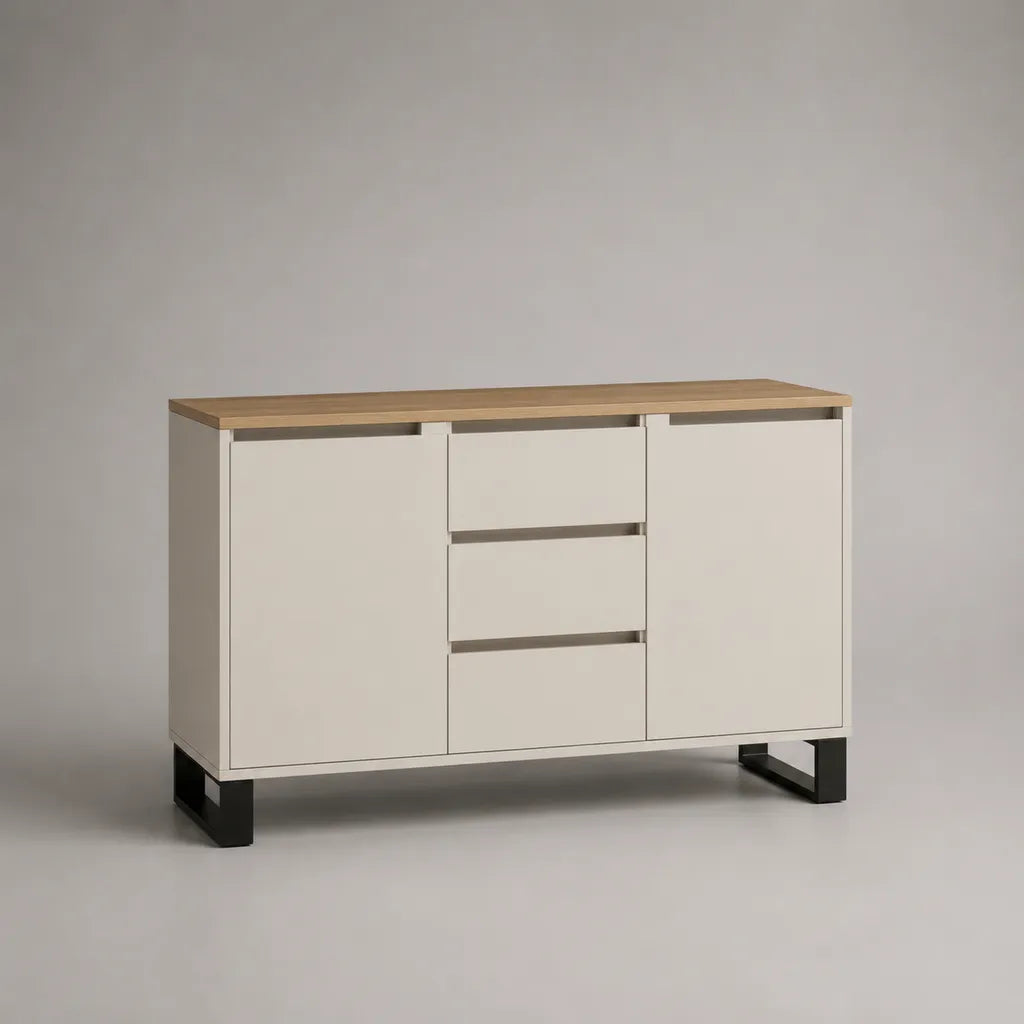 Planche planche de particules et acier avec 2 portes et 3 tiroirs, beige/couleur de chêne/noir, 120 × 40 × 80 cm