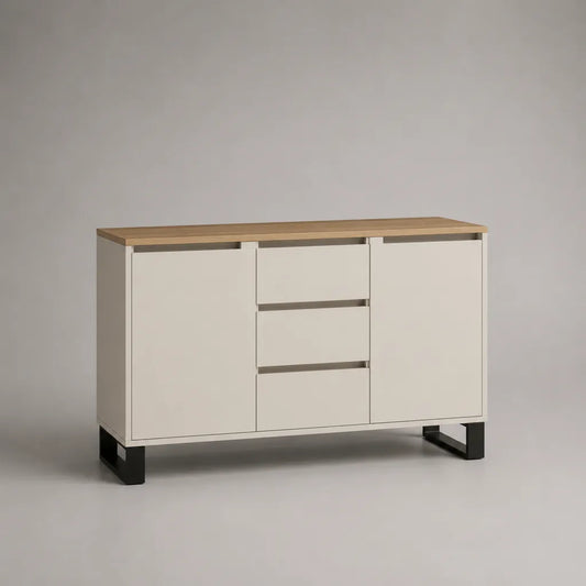 Planche planche de particules et acier avec 2 portes et 3 tiroirs, beige/couleur de chêne/noir, 120 × 40 × 80 cm