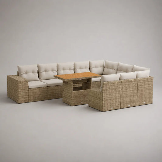 Ensemble de salons de jardin de 6 pièces en résine tressée PE avec table à manger, forme U, brun naturel et beige, 258 × 198 × 85 cm