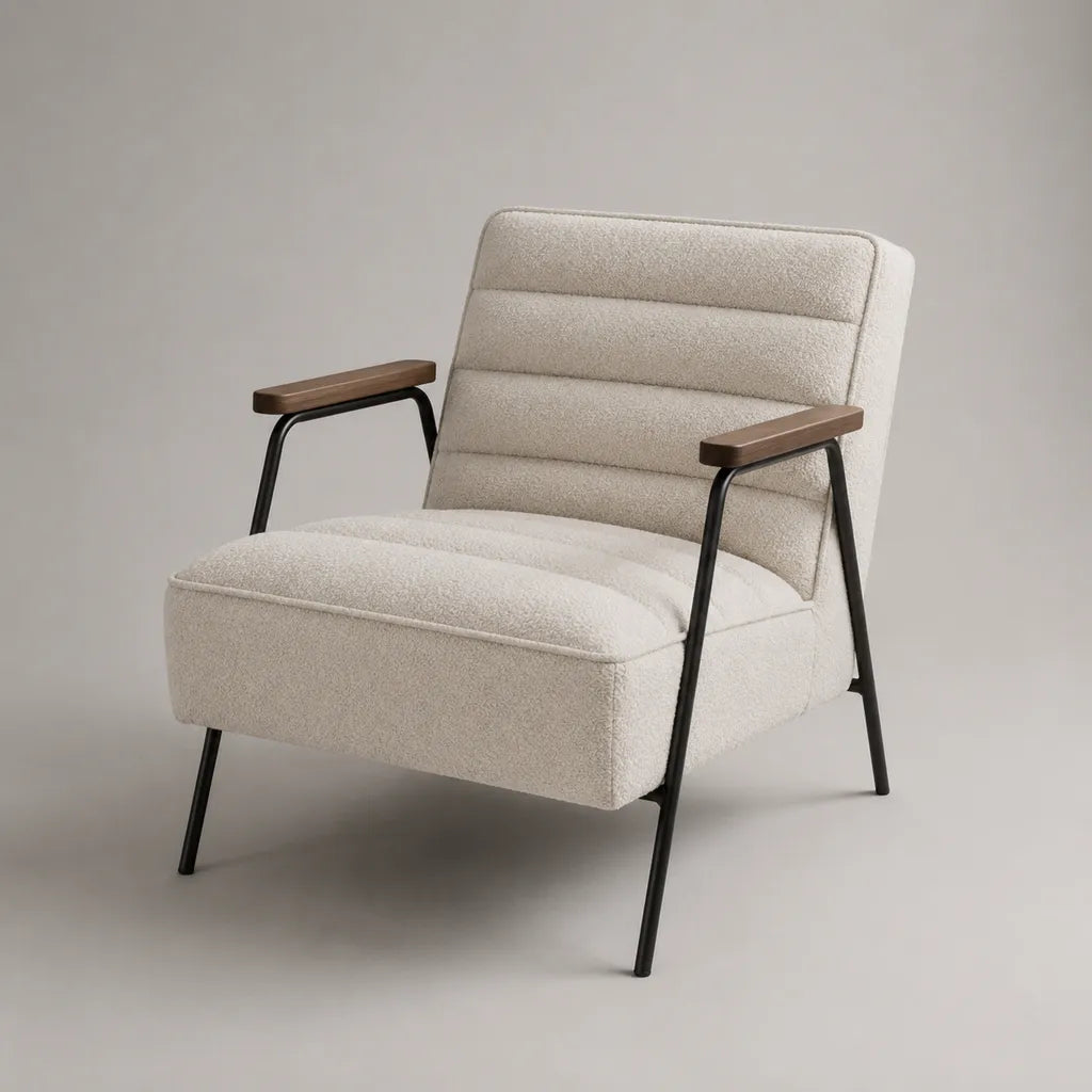 Fauteuil rembourré avec accoudoirs, référence Bouclé et structure en acier, crème/noir/brun de noisette, 70 × 78 × 83 cm