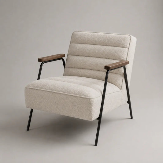 Fauteuil rembourré avec accoudoirs, référence Bouclé et structure en acier, crème/noir/brun de noisette, 70 × 78 × 83 cm