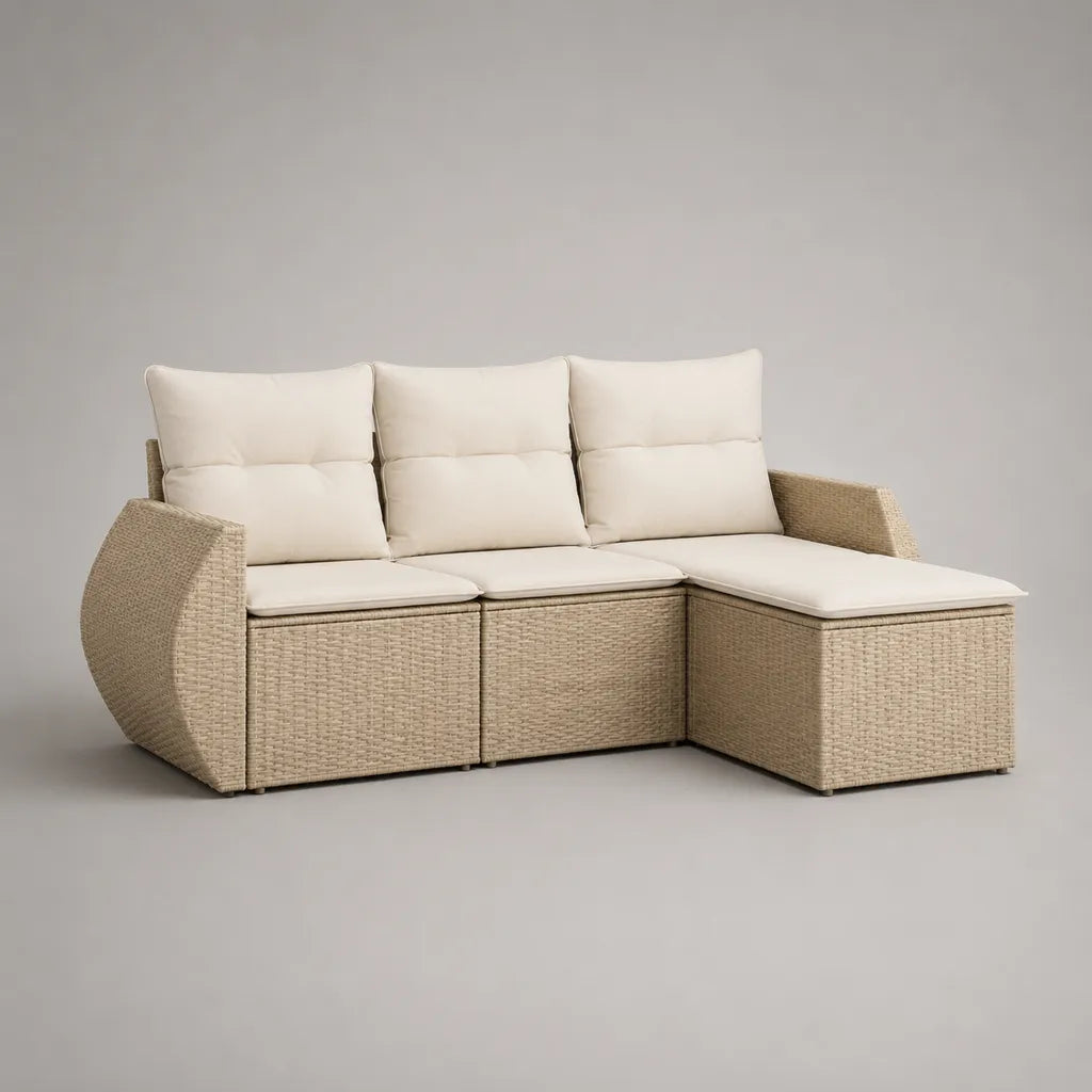 Canapé-jardin en 3 parties en forme de L en résine tressée PE et acier, beige et blanc cassé, 218 × 145 × 85 cm