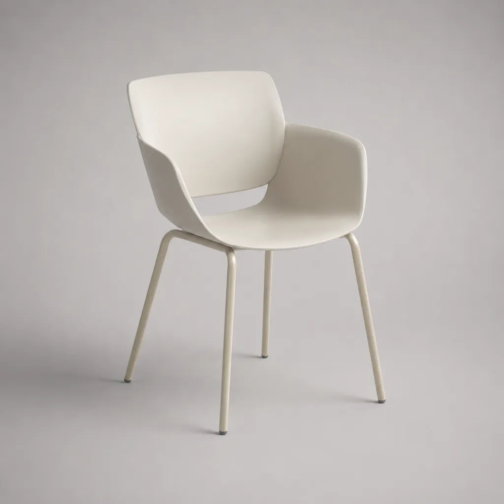 Chaise à manger avec accoudoirs en plastique et acier, dossier rembourré, blanc, 58 × 57 × 82 cm