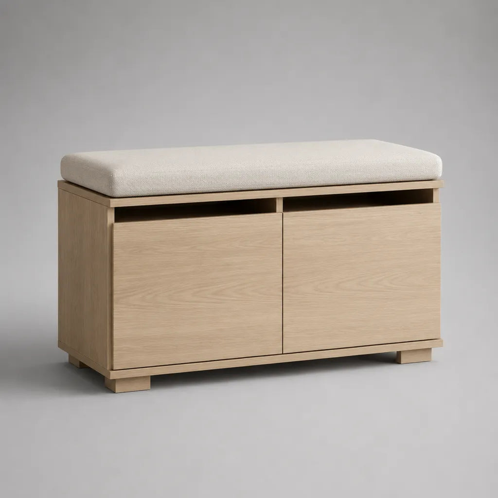 Banc de chaussures avec armoire à chaussures, coussins et 2 volets, plateau de particules, chêne naturel et beige, 100 × 35 × 55 cm