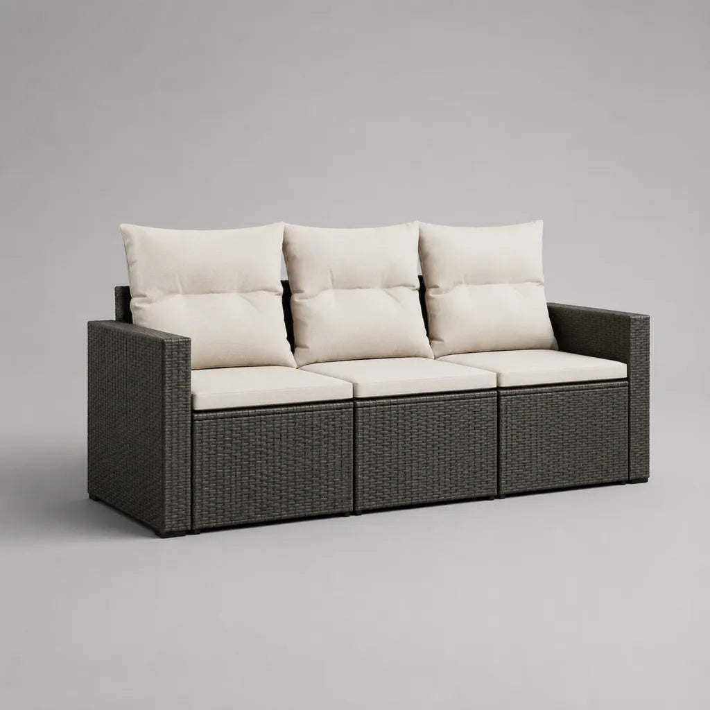 3-teiliges Gartensofa, 3-Sitzer aus PE-Rattan und Stahl mit Kissen, Dunkelgrau/Creme, 196 × 70 × 76 cm