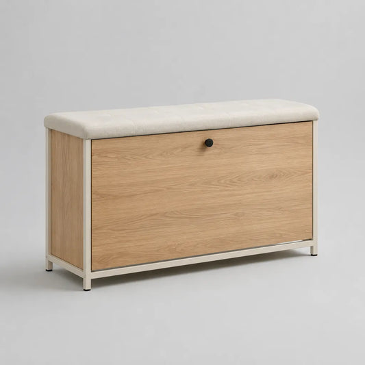 Armoire à chaussures avec siège et compartiment pliant en plaque de particules et acier, chêne, beige clair et blanc, 100 × 35 × 55 cm