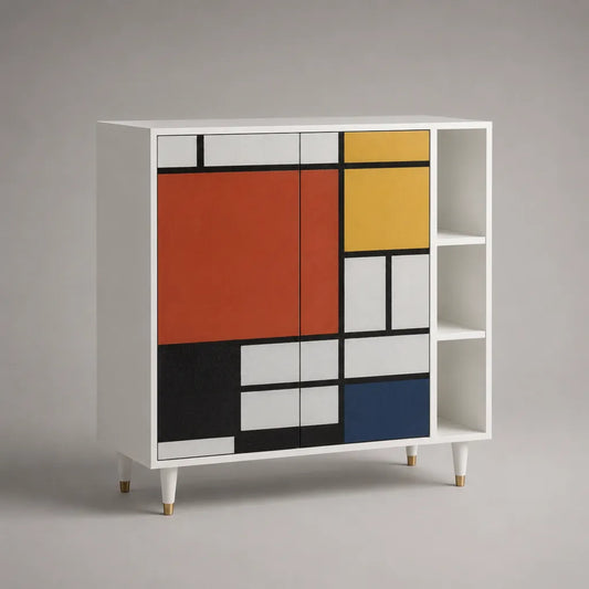 Sideboard rectangulaire en MDF avec 3 portes et 3 compartiments ouverts, blanc/rouge/jaune/bleu/noir, 100 × 35 × 100 cm