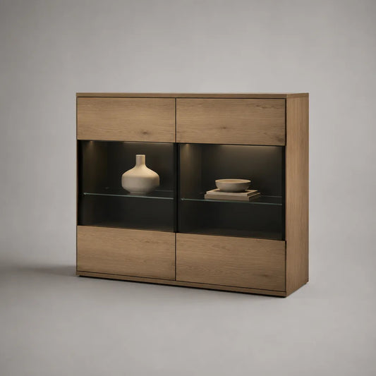 Armoire à buffet avec portes en verre et éclairage LED, MDF avec placage de chêne, chêne naturel et noir, 120 × 40 × 120 cm