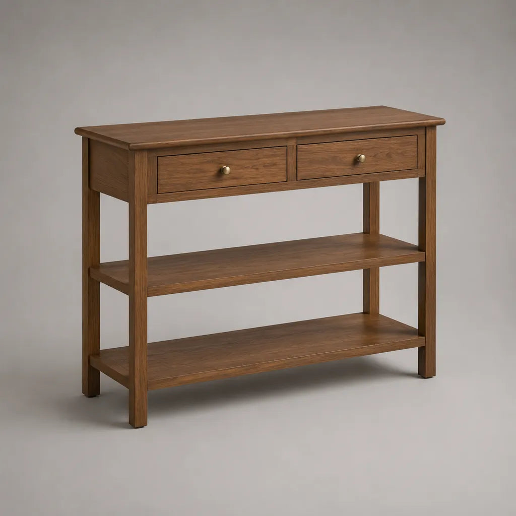 Sideboard en bois et MDF avec 2 tiroirs et 2 piles, brun / laiton, 100 × 35 × 85 cm